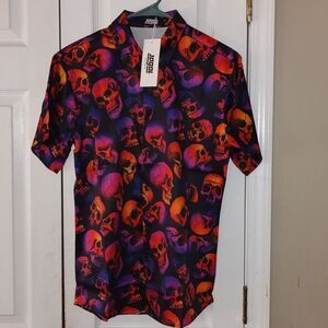 JOGAL Men's Halloween Shirt Pumpkins Skull Short Sleeve Button Down Shirt Sz S